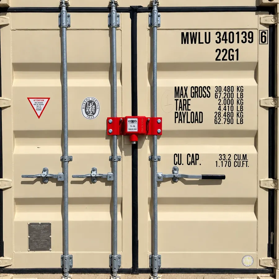 Shipping container doors with a red trailer lock clamped across the middle, easy to spot from outside.