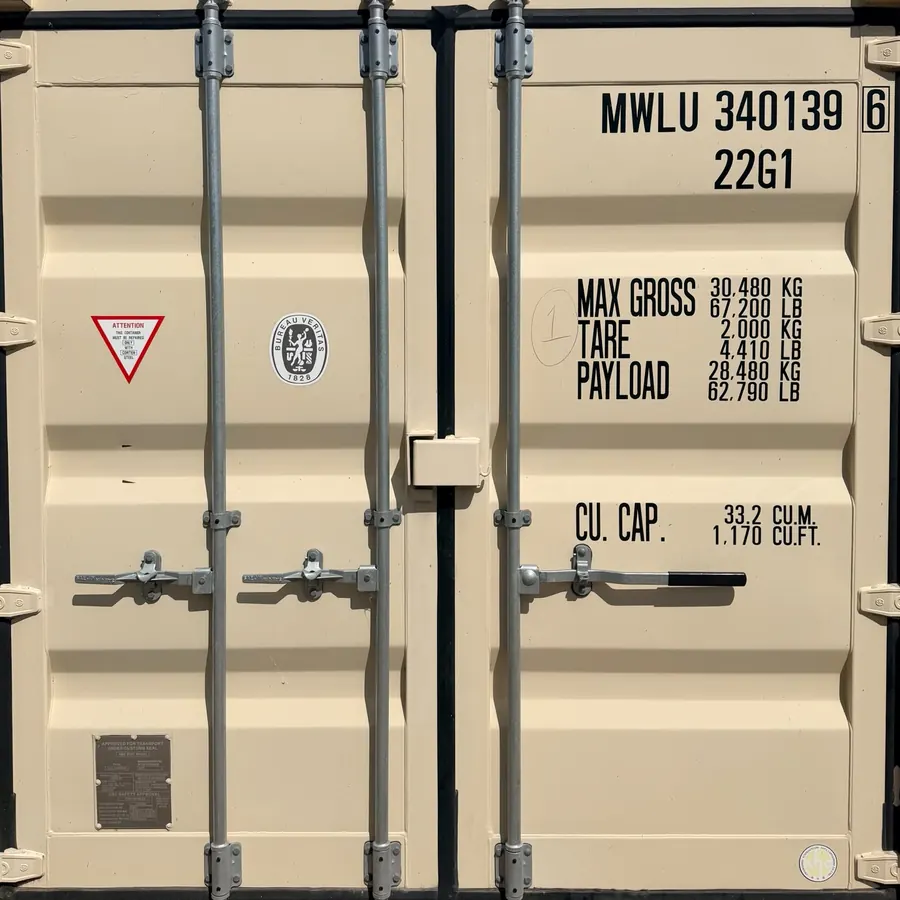 The same shipping container doors secured with VaultX. The lock is inside the container, so there is no lock across the doors.